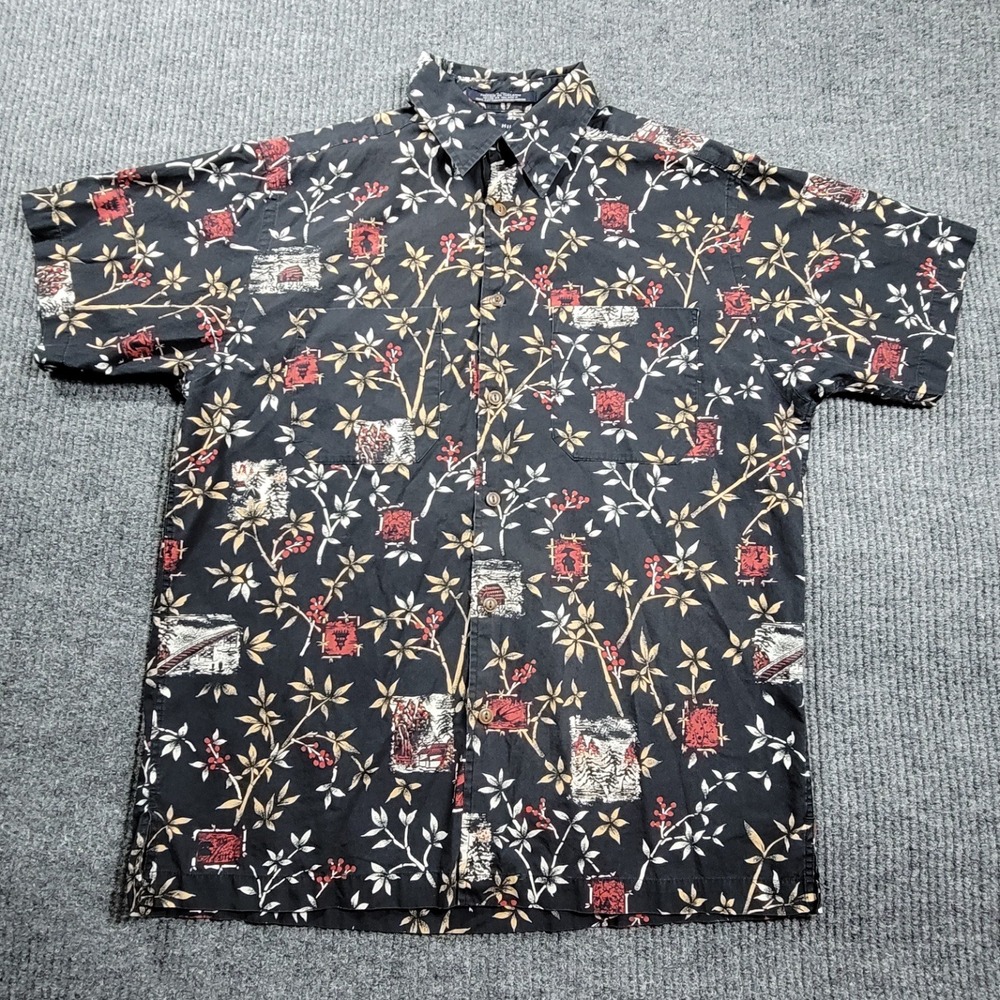 Tommy Hilfiger Vintage Button Down Men's Black Shirt Asian Bamboo Print Medium